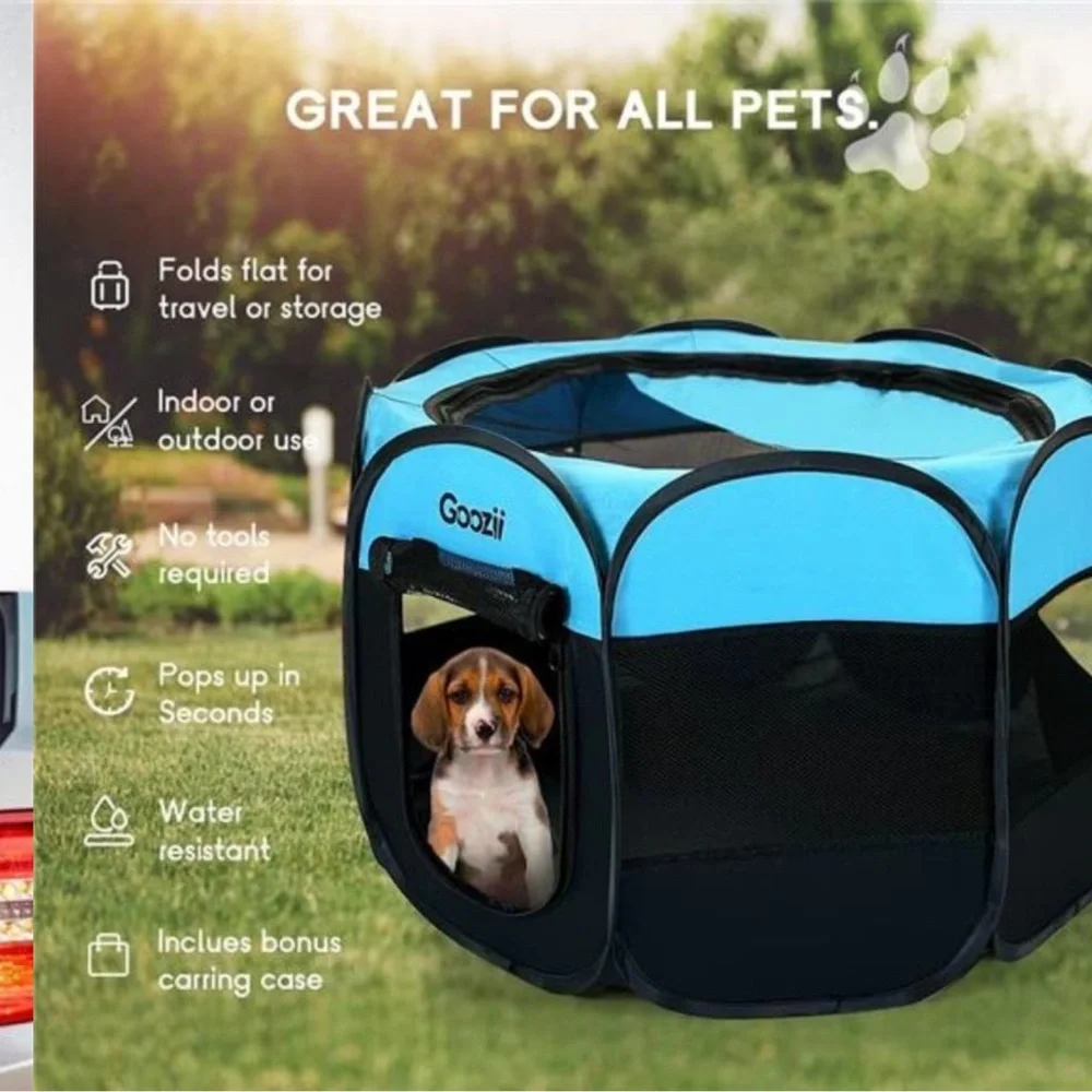 Small Dog Playpen Portable Collapsible (Small Size, Black/Blue)